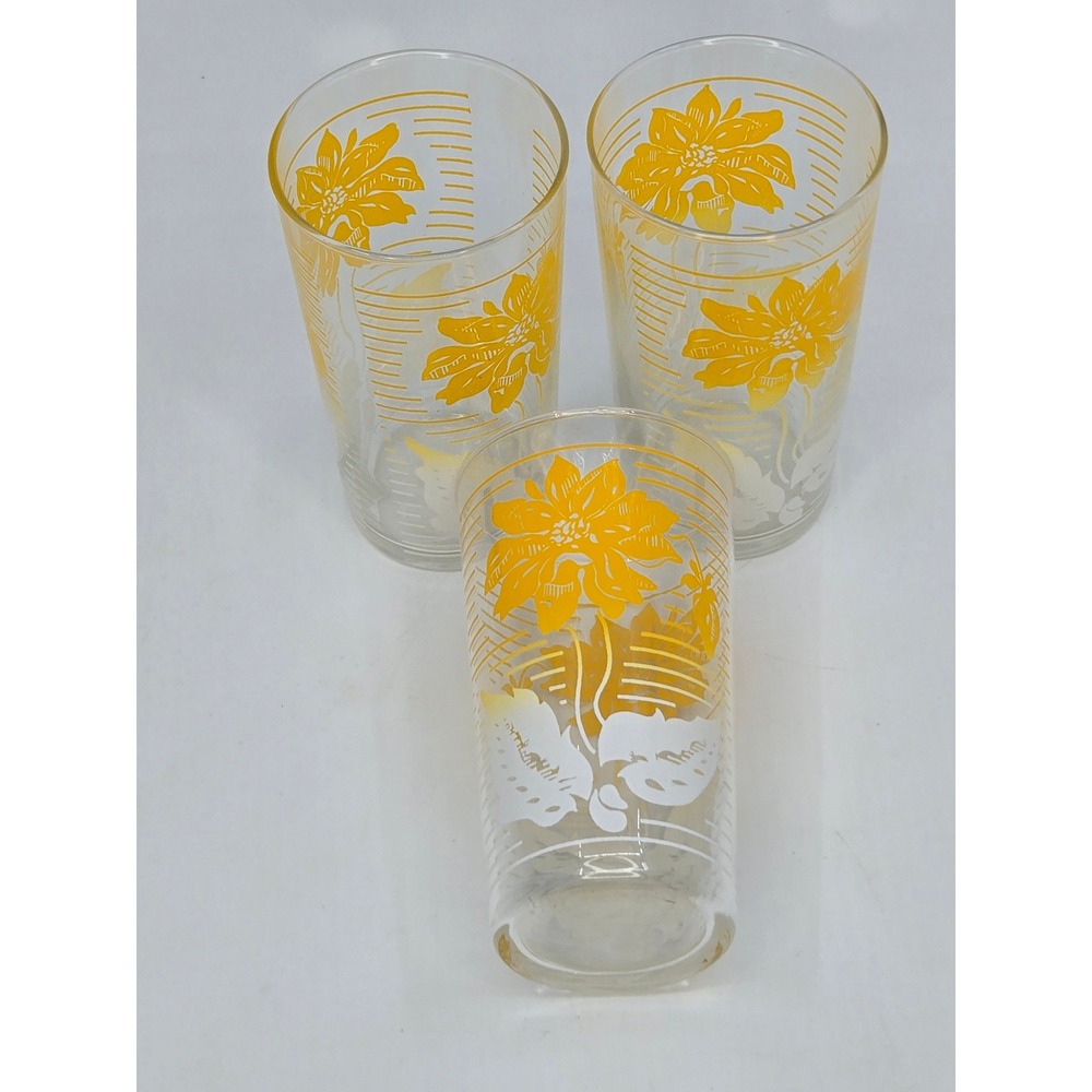 3 Vintage Yellow White Floral Drinking Glasses Retro Mid Century Tumblers 4.75"